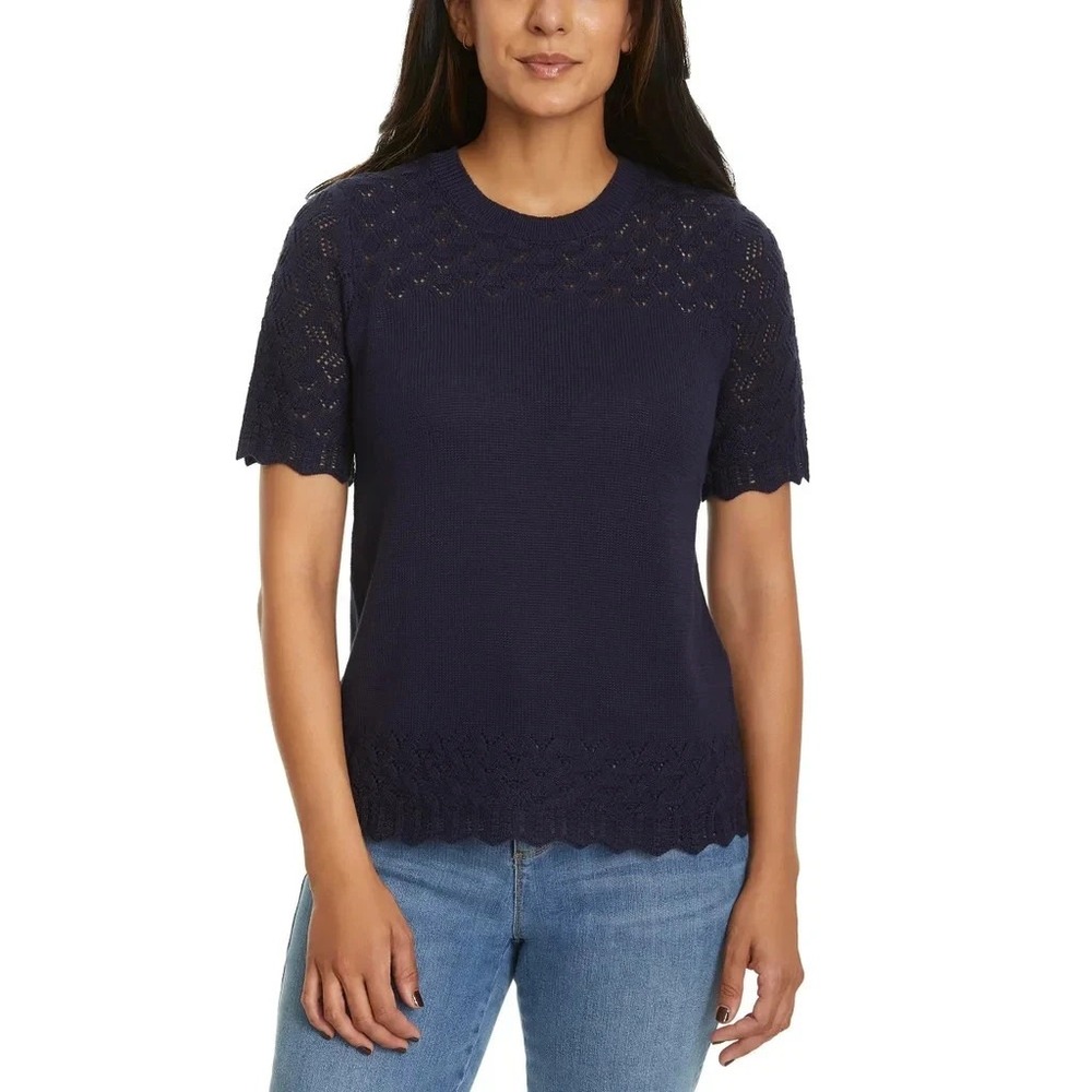 Jessica Simpson Womens Navy Short Sleeve Eyelet Scallop Knit Sweater 2XL New